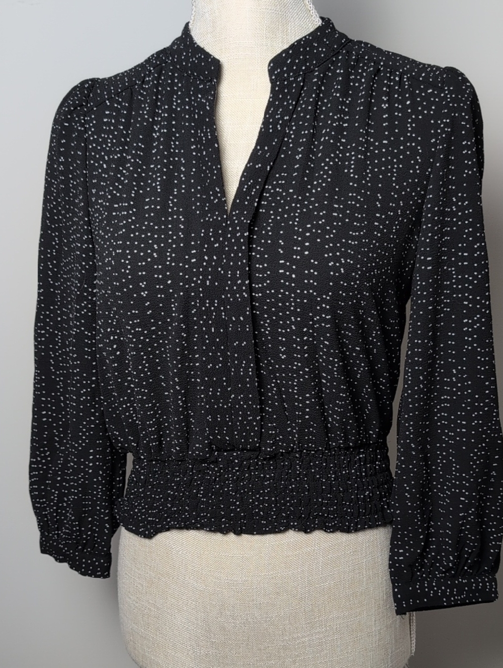 Women's Black Dot-Print Smocked Waist Blouse